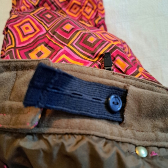 Obermeyer girls size 12 snow pants, diamond pattern orange, red & brown - Picture 7 of 11
